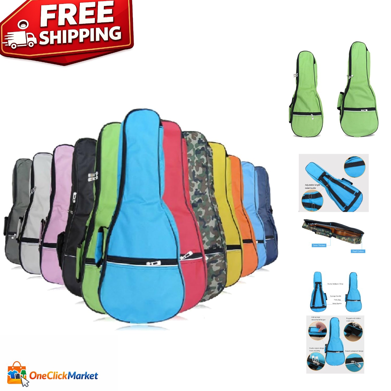 Stylish Green 21in Ukulele Case with Utility Pocket – Waterproof Protection