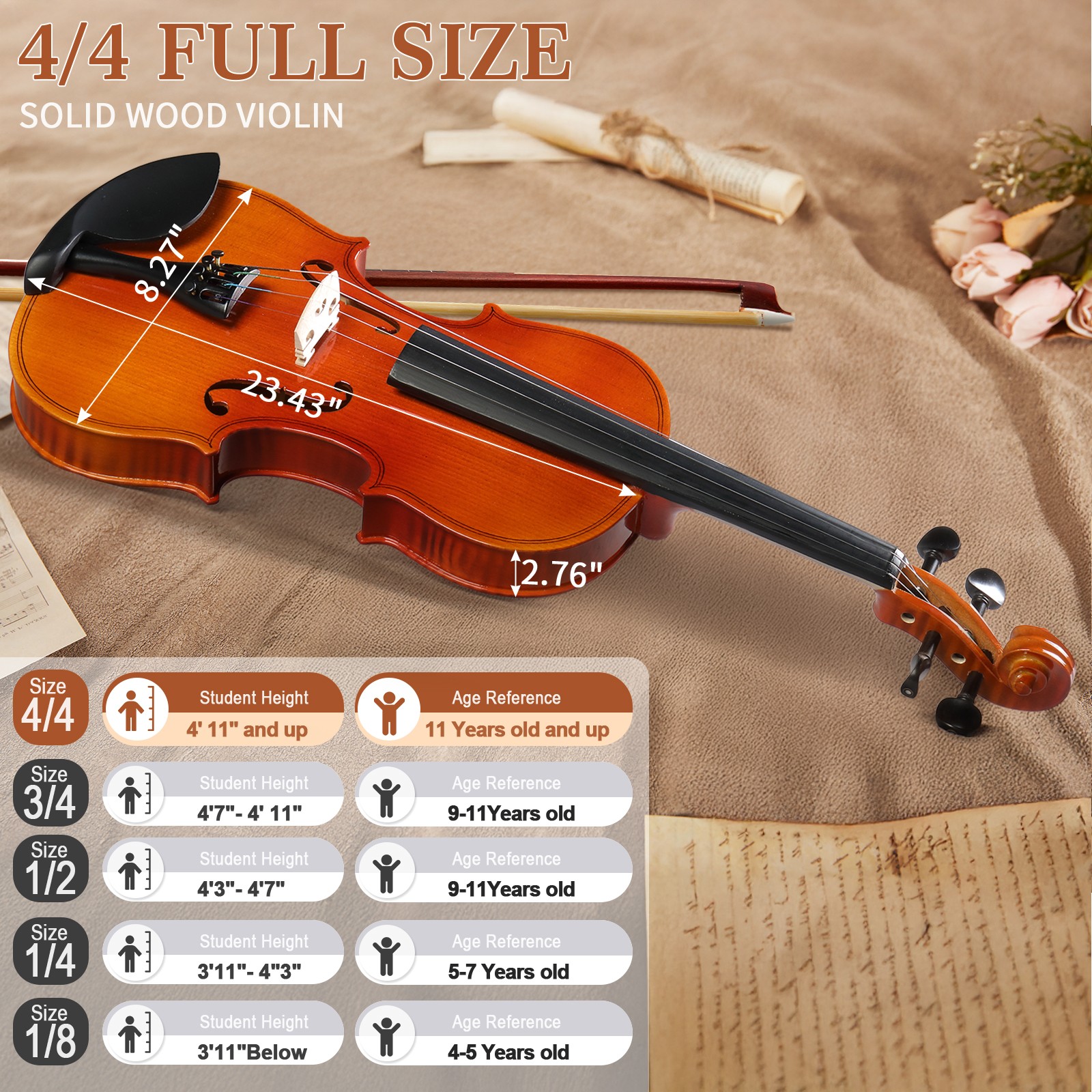 Acoustic Violin 4/4 Full Size with Case and Bow Rosin With Case for Xmas Gift US