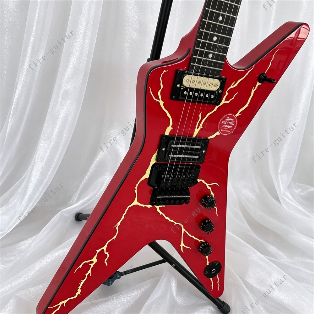 Solid Electric Guitar Pointed Headstock Red Lightning Bolt Graphic From Hell