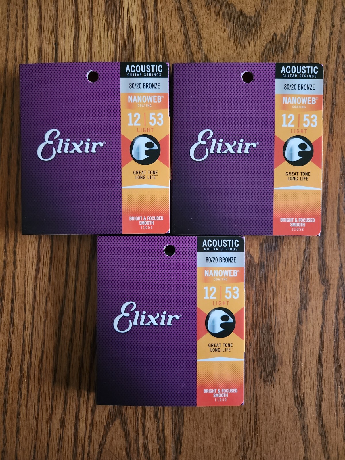 3 SETS Elixir 11052 Nanoweb 80/20 Bronze Light Guitar Strings 12-53