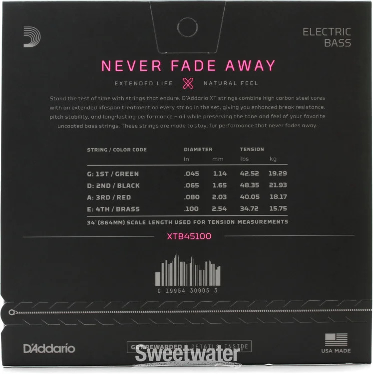 D’Addario XTB45100 XT Nickel Plated Steel Long Scale Bass Strings -.045-.100