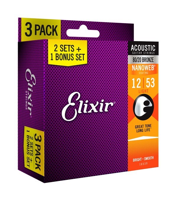 *3 SETS ELIXIR 11052 80/20 BRONZE NANOWEB ACOUSTIC GUITAR STRINGS LIGHT(12-53)*