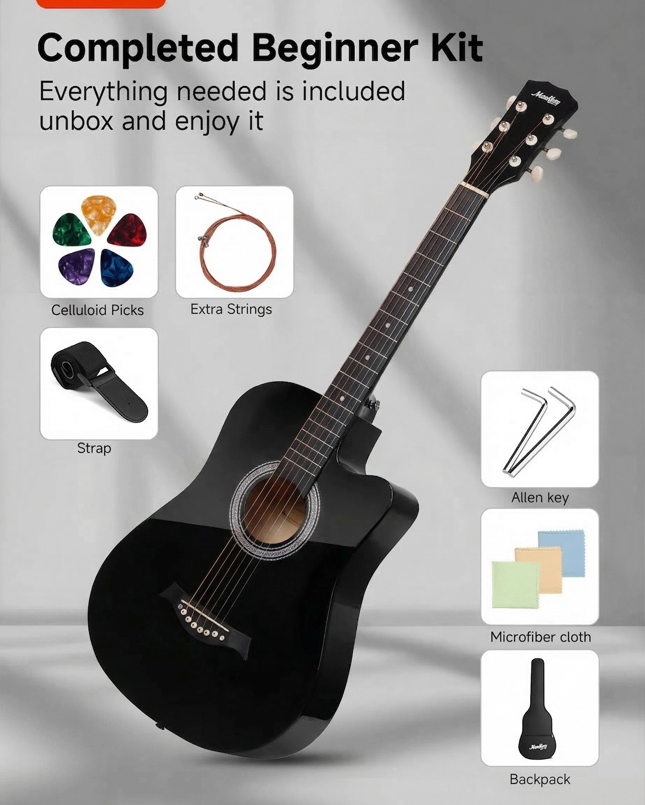 Moukey 38″ Acoustic Guitar Bundle Basswood With Strap Gig Bag Pick String Black