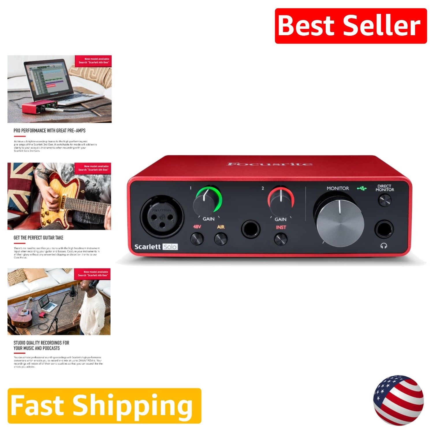 Scarlett Solo 3rd Gen USB Audio Interface: Pro Studio Sound, 24-bit/192kHz, A…
