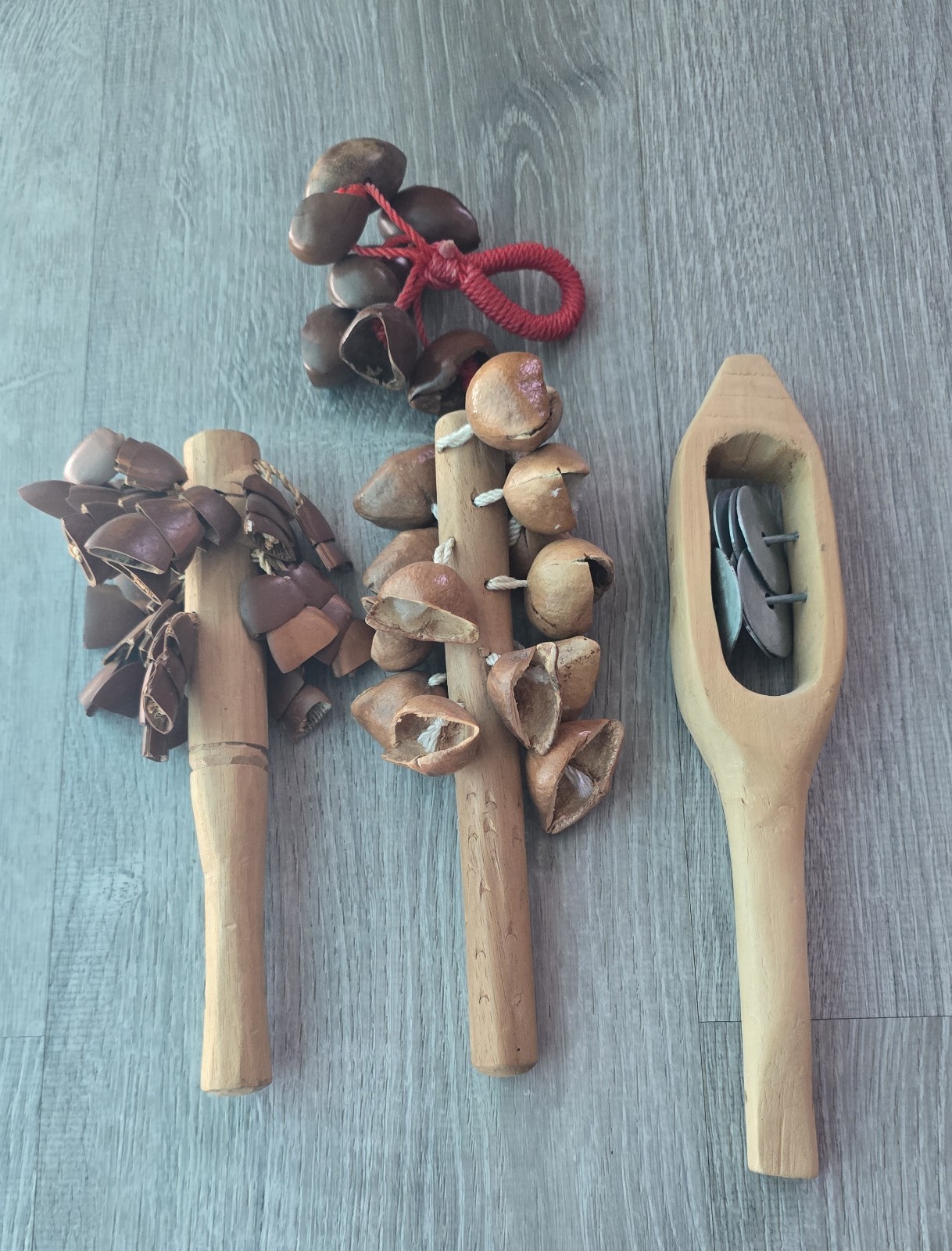4 Natural Seed Pod Shaker Wood Handle Instruments Lot Folk Mexico Handmade