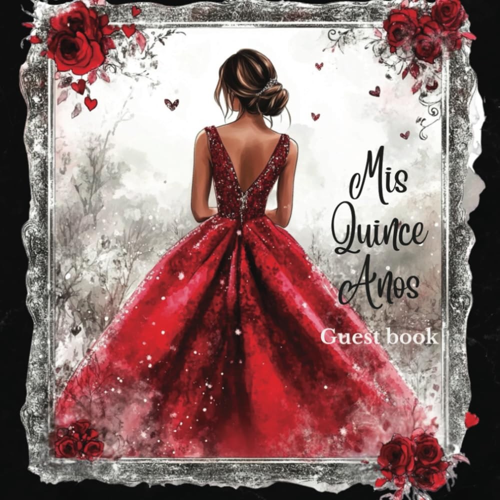 Quinceanera Signature Guest Book Red, Black and Silver Glitter Sparkle with Eleg