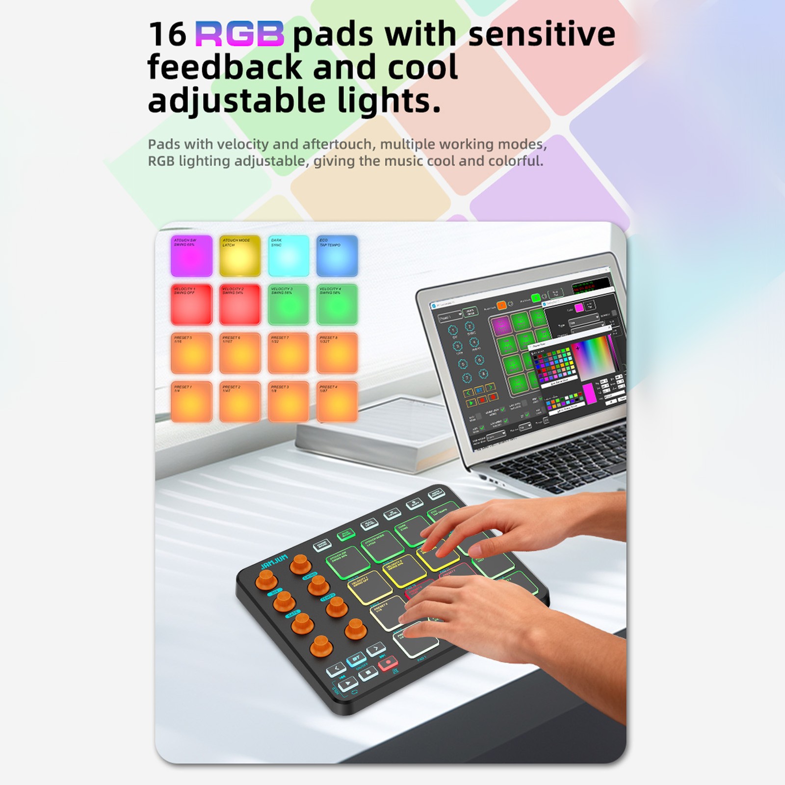 Mini MIDI Synthesizer 16 RGB Pads Adjustable Lighting Sensitivity Outdoor Music