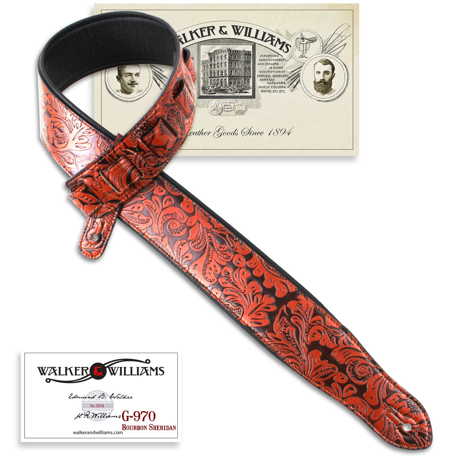 Walker And Williams G-970 Bourbon Brown Embossed Western Floral Padded Strap