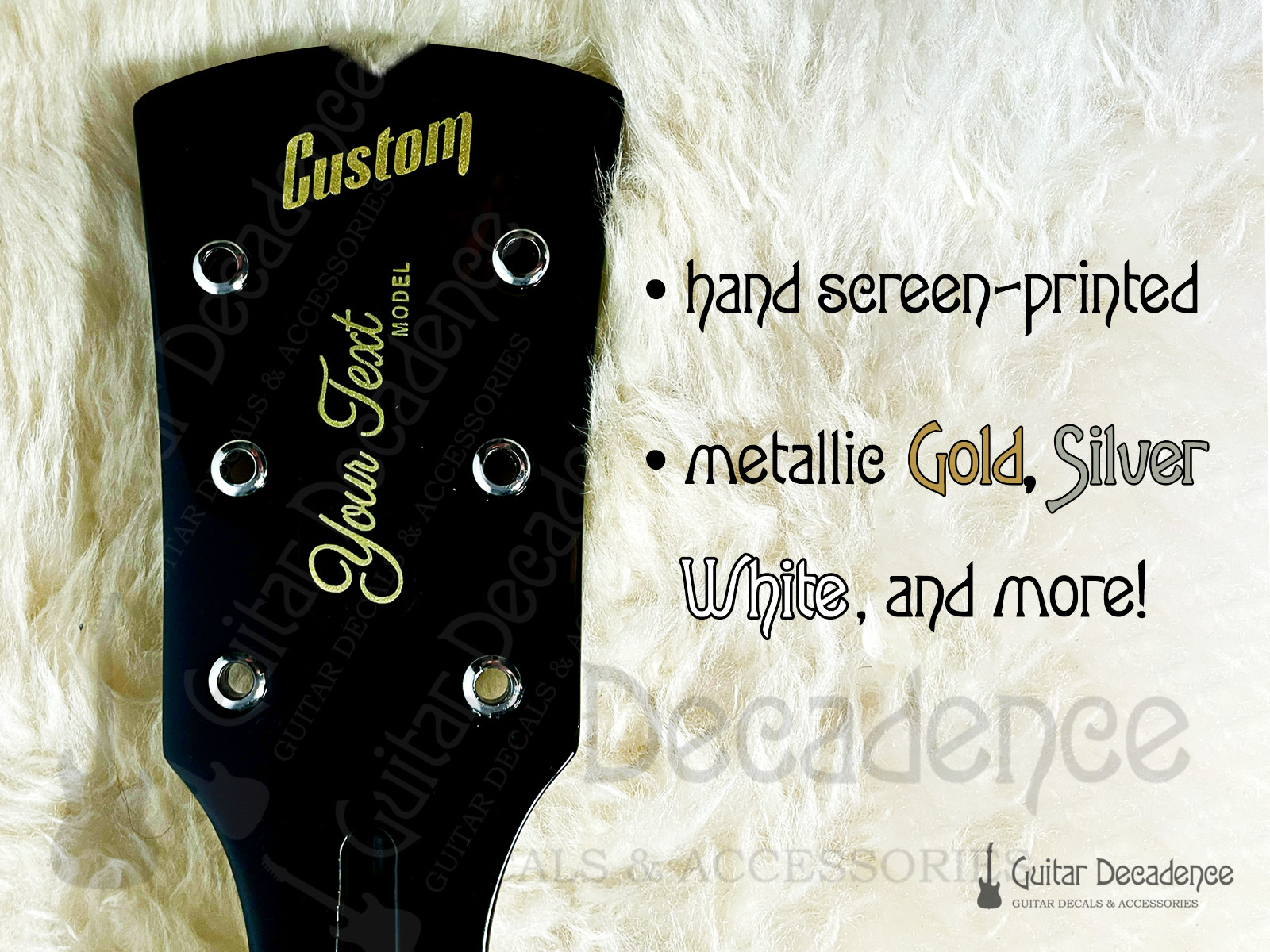 Custom Metallic Screen Printed Guitar Headstock Waterslide Decals 3×3 Headstocks