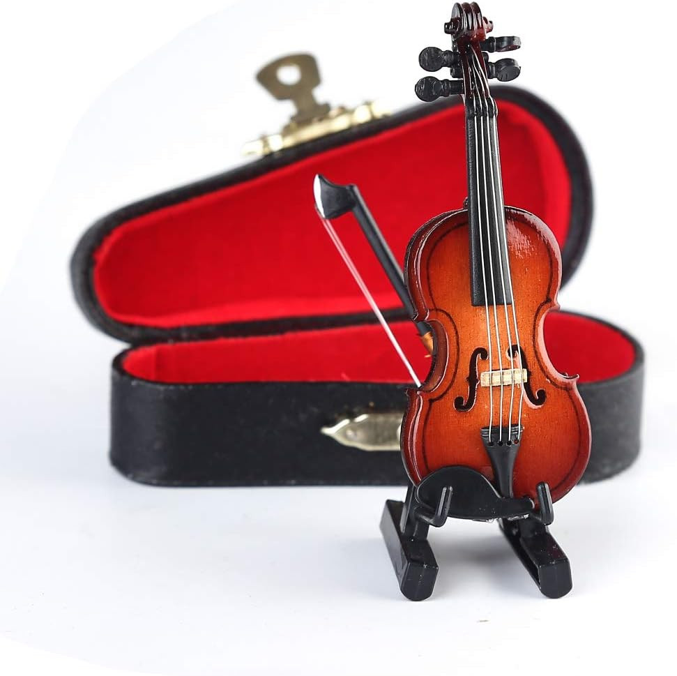 Wooden Miniature Violin with Stand, Bow and Case Mini Violin Musical Instrume…