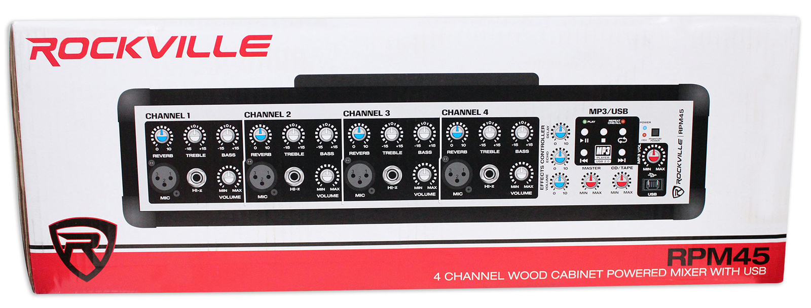 Rockville RPM45 1800w Powered 4 Channel Mixer/Amplifier w USB/EQ/Effects/Phantom