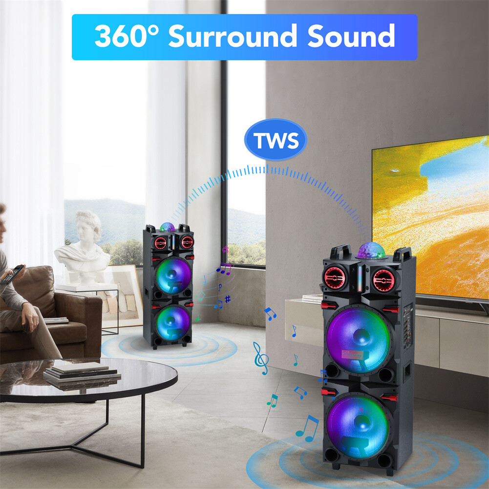 9000W Dual 10″ Subwoofer Bluetooth Speaker Rechargable w/LED DJ FM Party Karaok