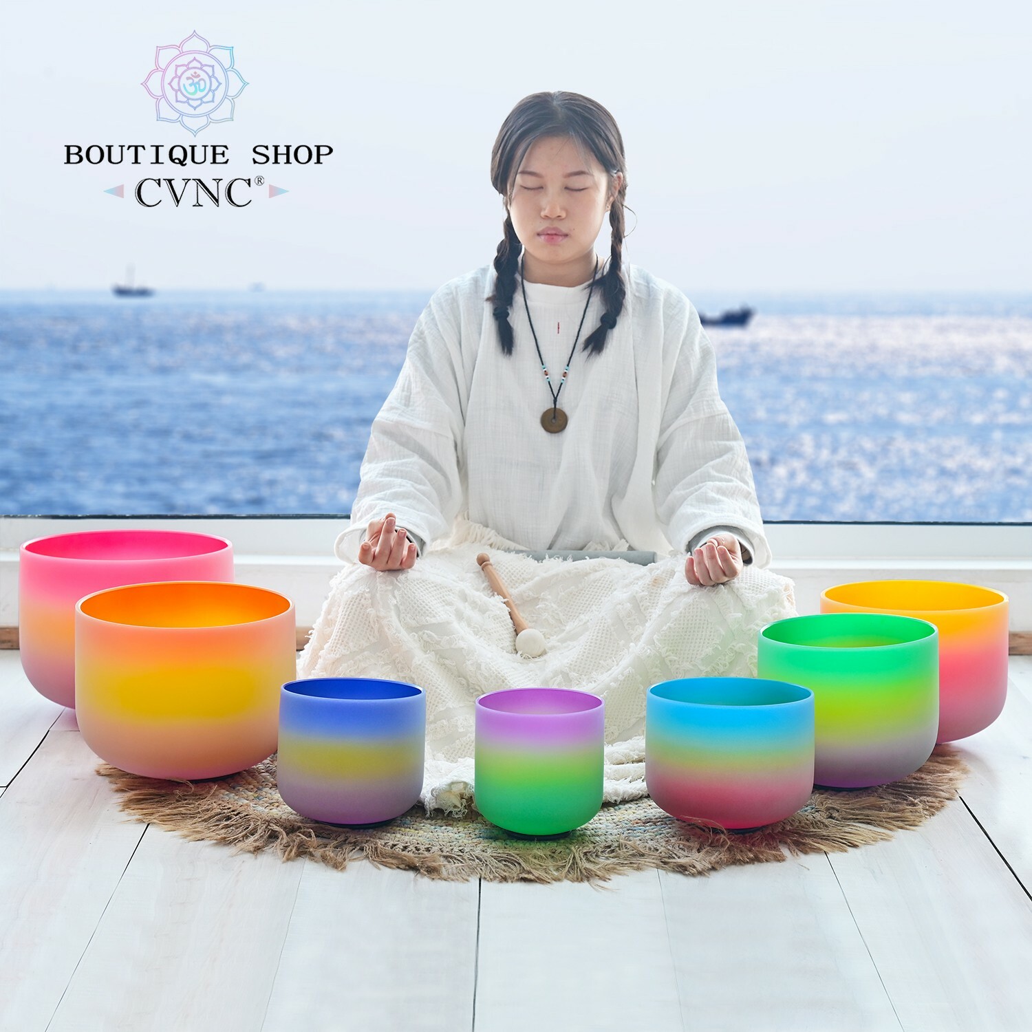 CVNC 432Hz 6-12″ 7 pcs Rainbow Color Quartz Crystal Singing Bowl Chakra Set Bag
