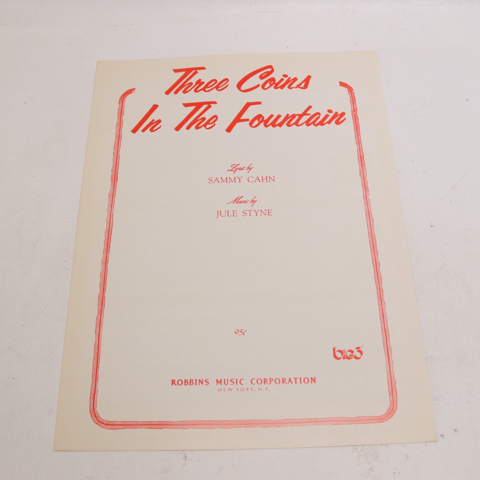 Three Coins In The Fountain Piano Voice Sheet Music Kahn/Styne 1954 Robbins