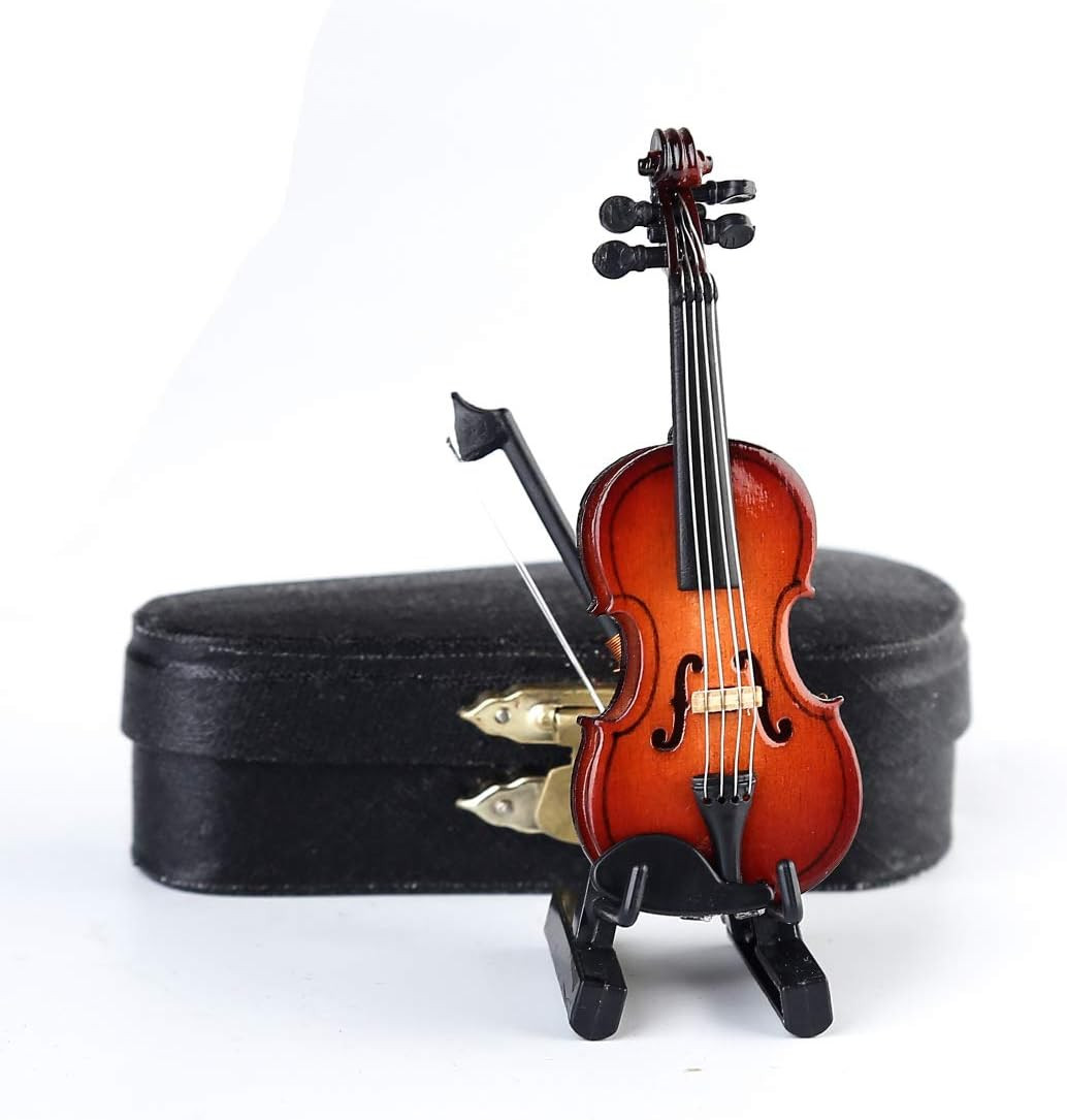 Wooden Miniature Violin with Stand, Bow and Case Mini Violin Musical Instrume…