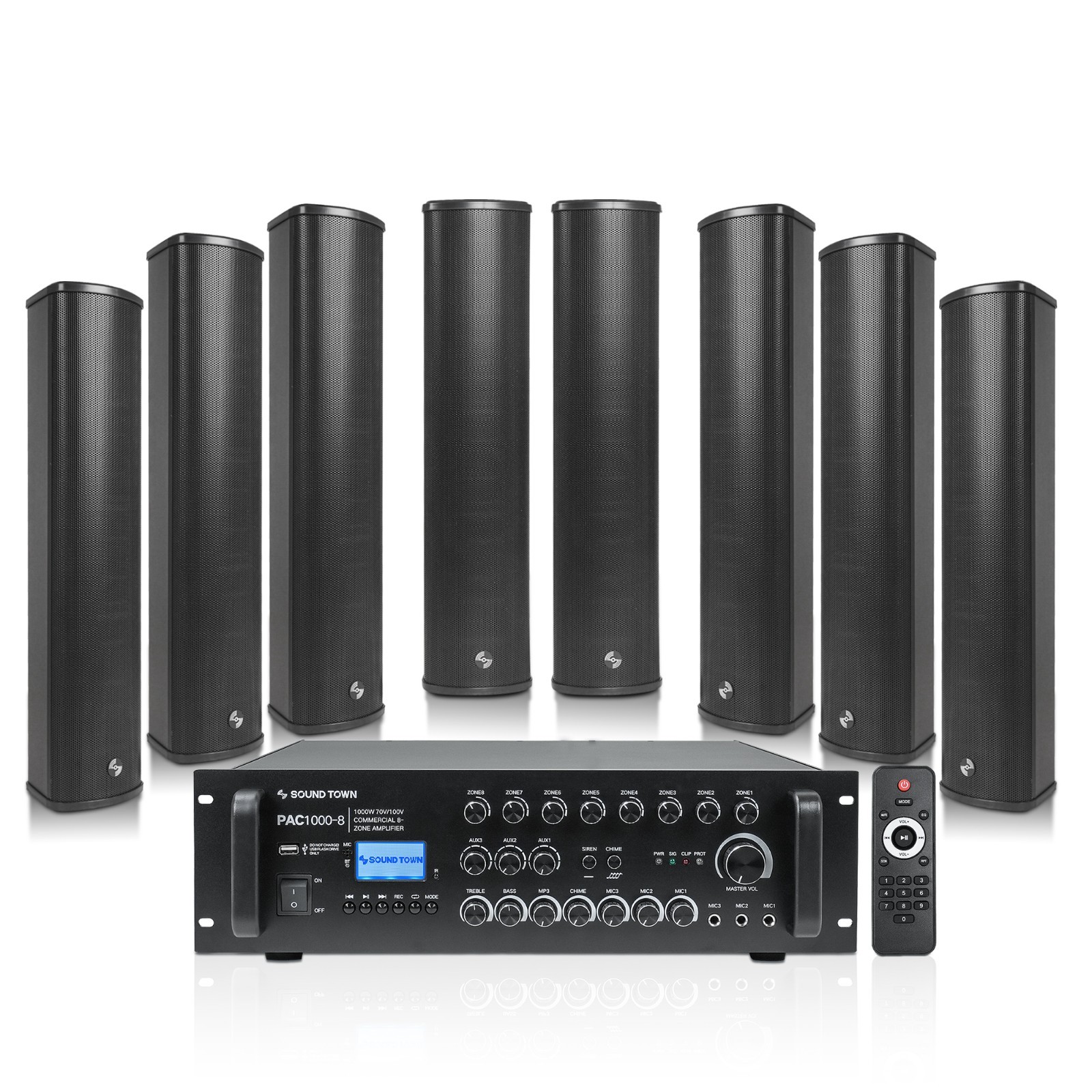 Sound Town 8-Zone 70V/100V Amp & 8x IP55 160W Column Speakers (PAC1000X8CL45B)