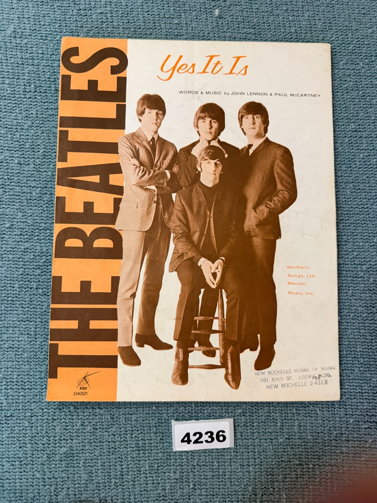 The Beatles – Yes It Is Sheet Music, 1965 Northern Songs Ltd. CLEAN. 4236