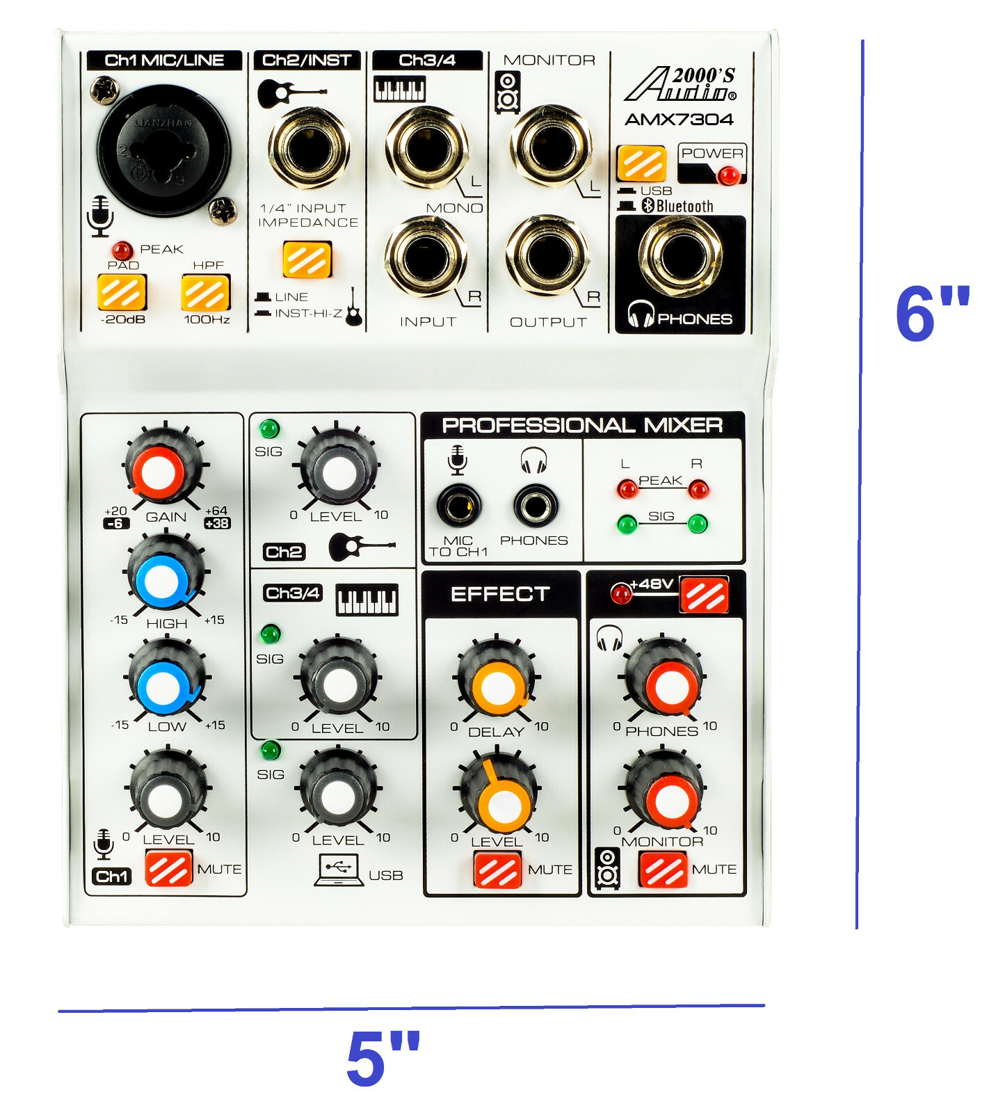 Audio2000s AMX7304 Four-Channel Audio Mixer w/USB Interface & Sound Effect-NEW