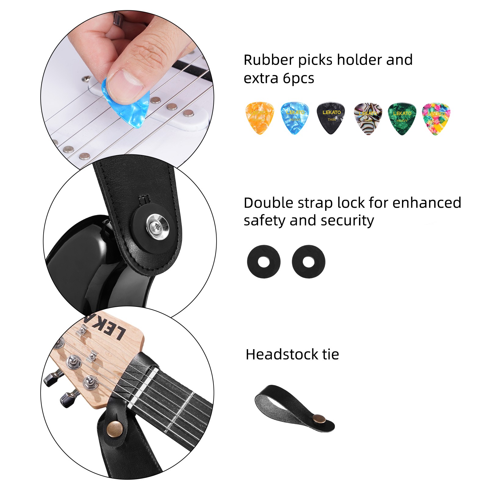New 3.3″ Wide Padded Guitar Strap Glitter Fabric Bass Belt Leather End, 6 Picks