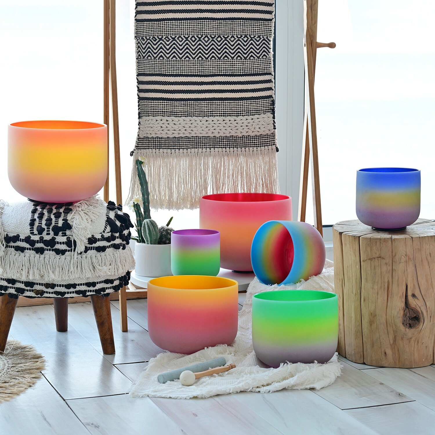 CVNC 432Hz 6-12″ 7 pcs Rainbow Color Quartz Crystal Singing Bowl Chakra Set Bag