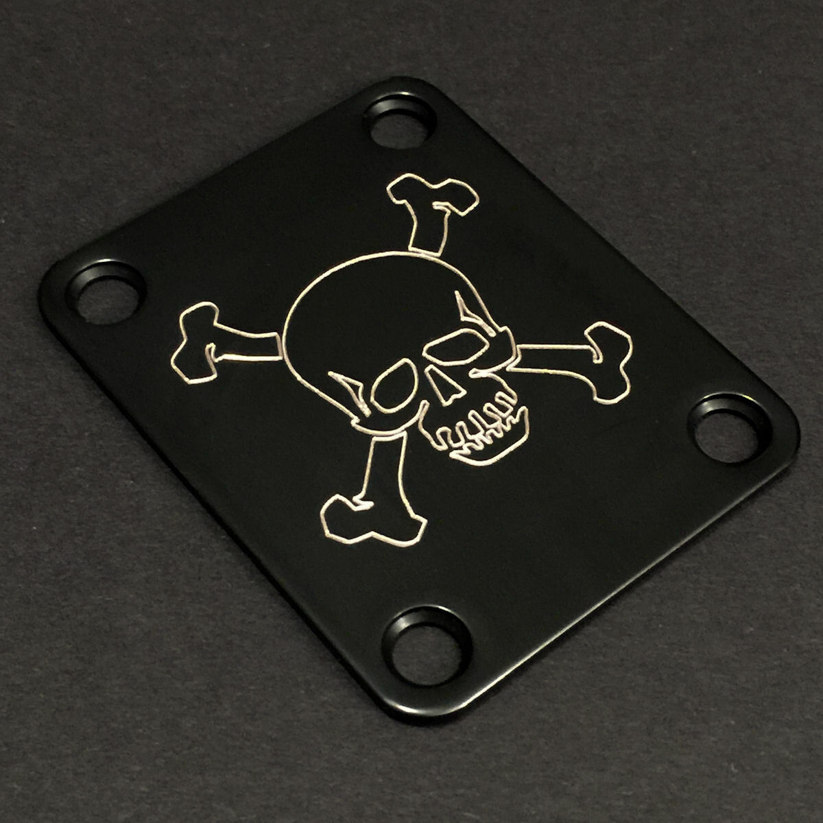 GUITAR NECK PLATE – Engraved Etched – SKULL & BONES – Fits Fender – BLACK
