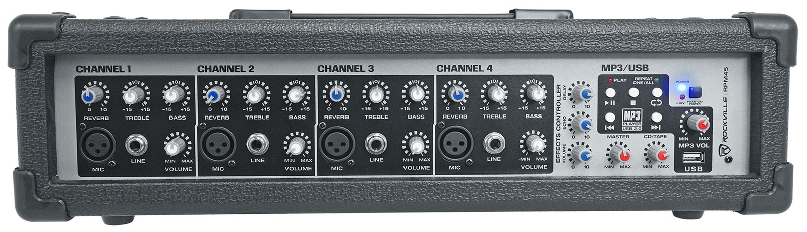 Rockville RPM45 1800w Powered 4 Channel Mixer/Amplifier w USB/EQ/Effects/Phantom
