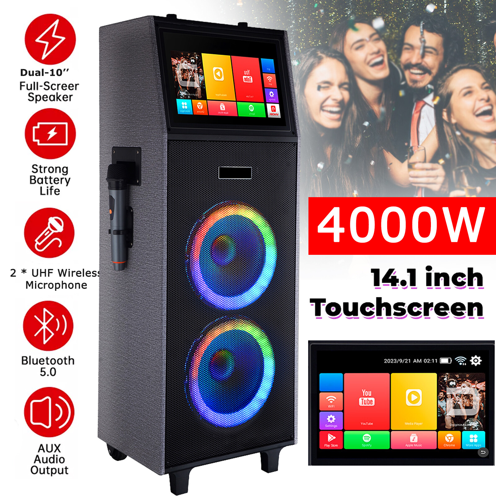 4000W 14.1” TouchScreen Wheeled Karaoke System w 10” Built-In Speaker & Mic