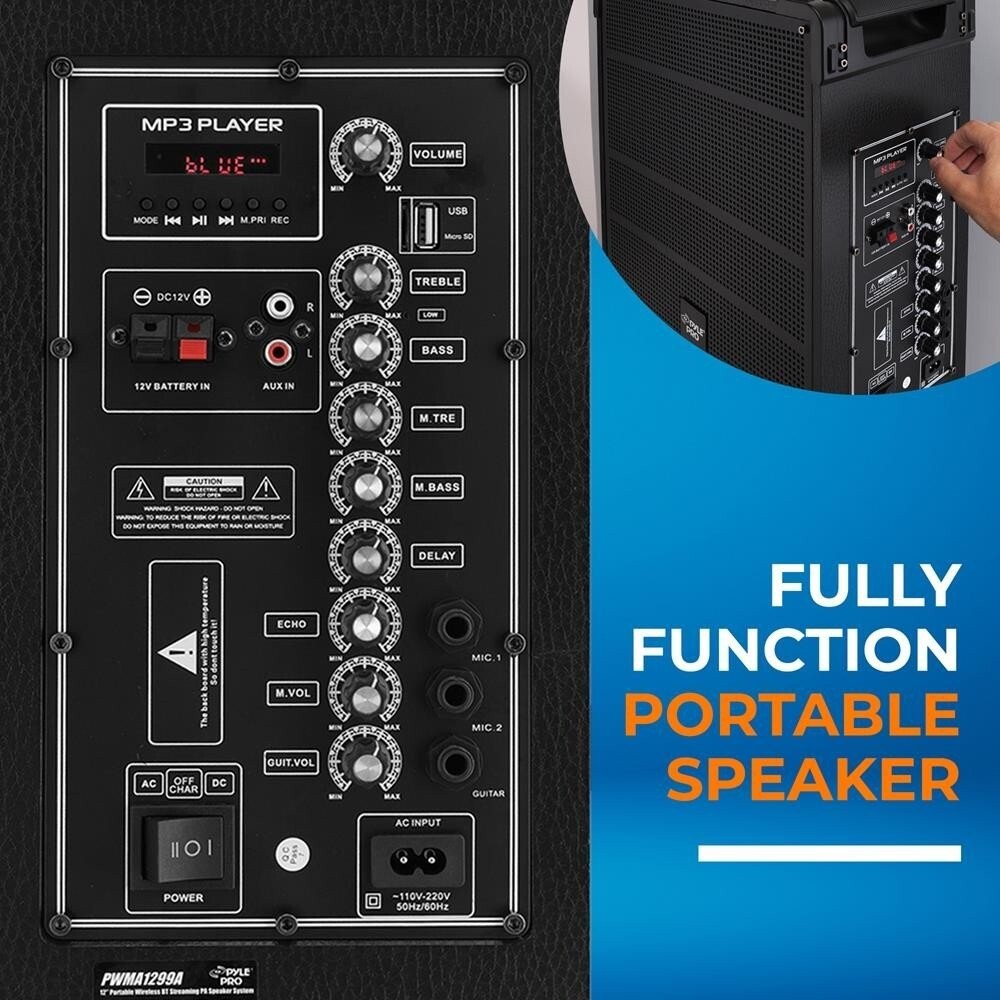 Pyle 12” Portable Wireless BT Streaming PA Speaker System-Rechargeable Battery
