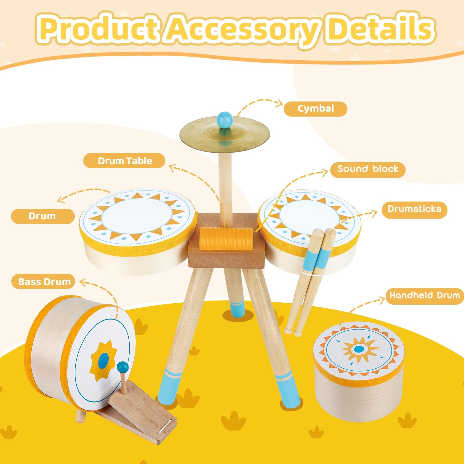 Toddlers Drum Set Toy for 1 2 3 Years Old ,Kids Wooden Jazz Drum for Toddlers Mo