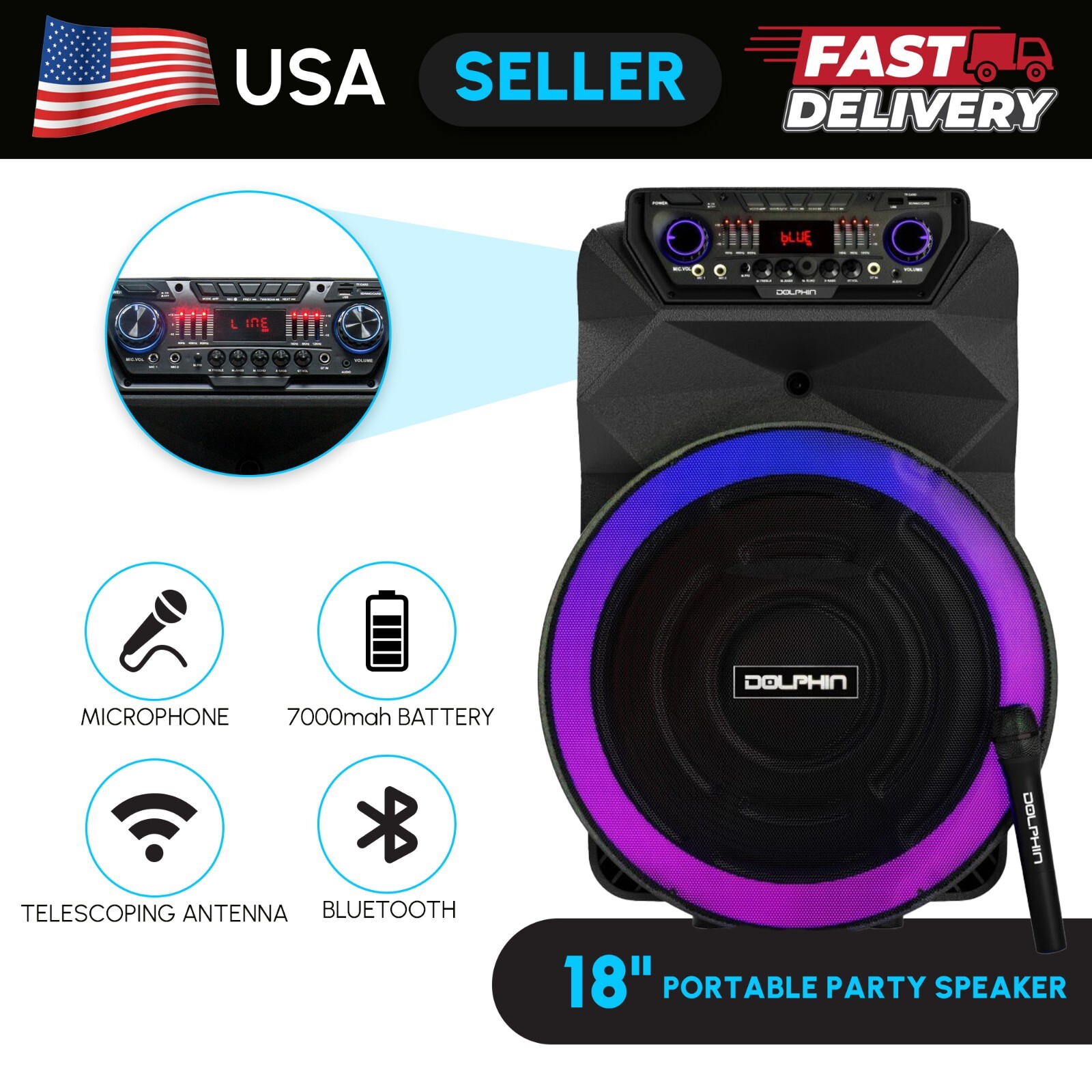 Dolphin SP-18RBT 18″ Karaoke Rechargeable Party Speaker with Wireless Microphone