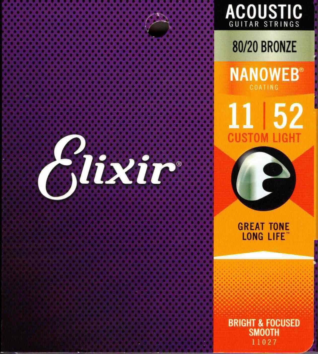 Elixir 11027 Nanoweb Custom Light Acoustic Guitar Strings 11/52