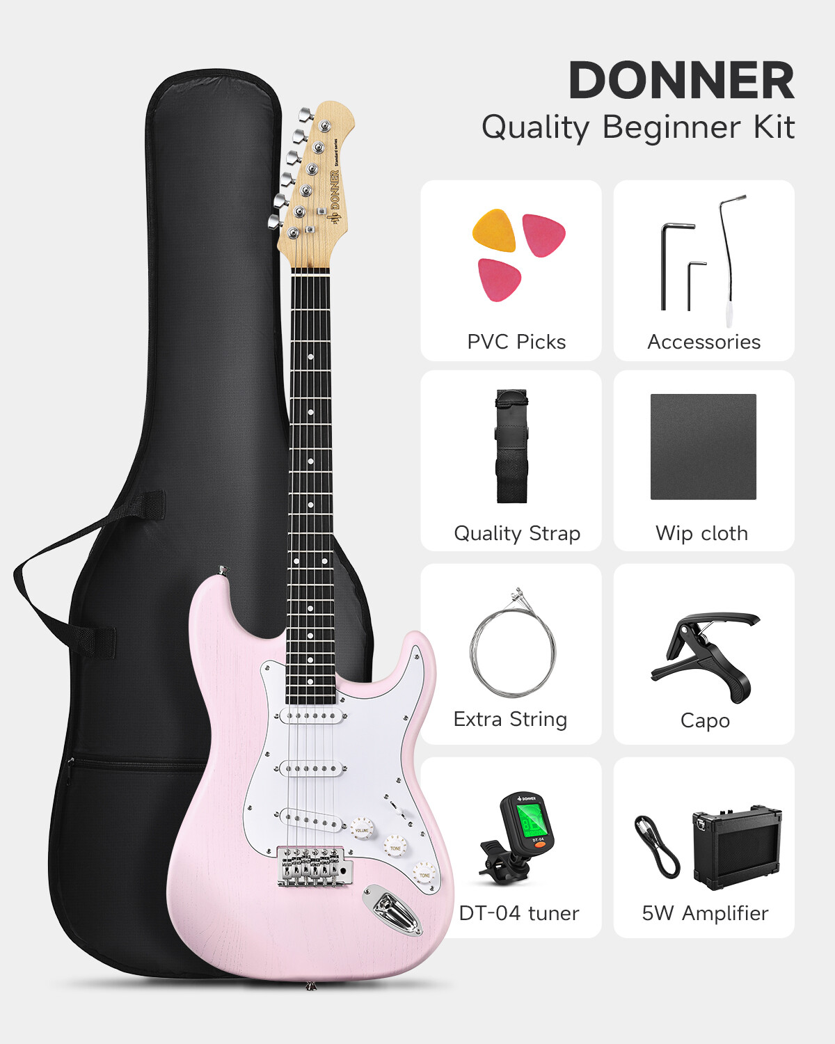 Donner DST-80 Electric Guitar Pink Wood Grain SSS Pickup With Amp & Accessories