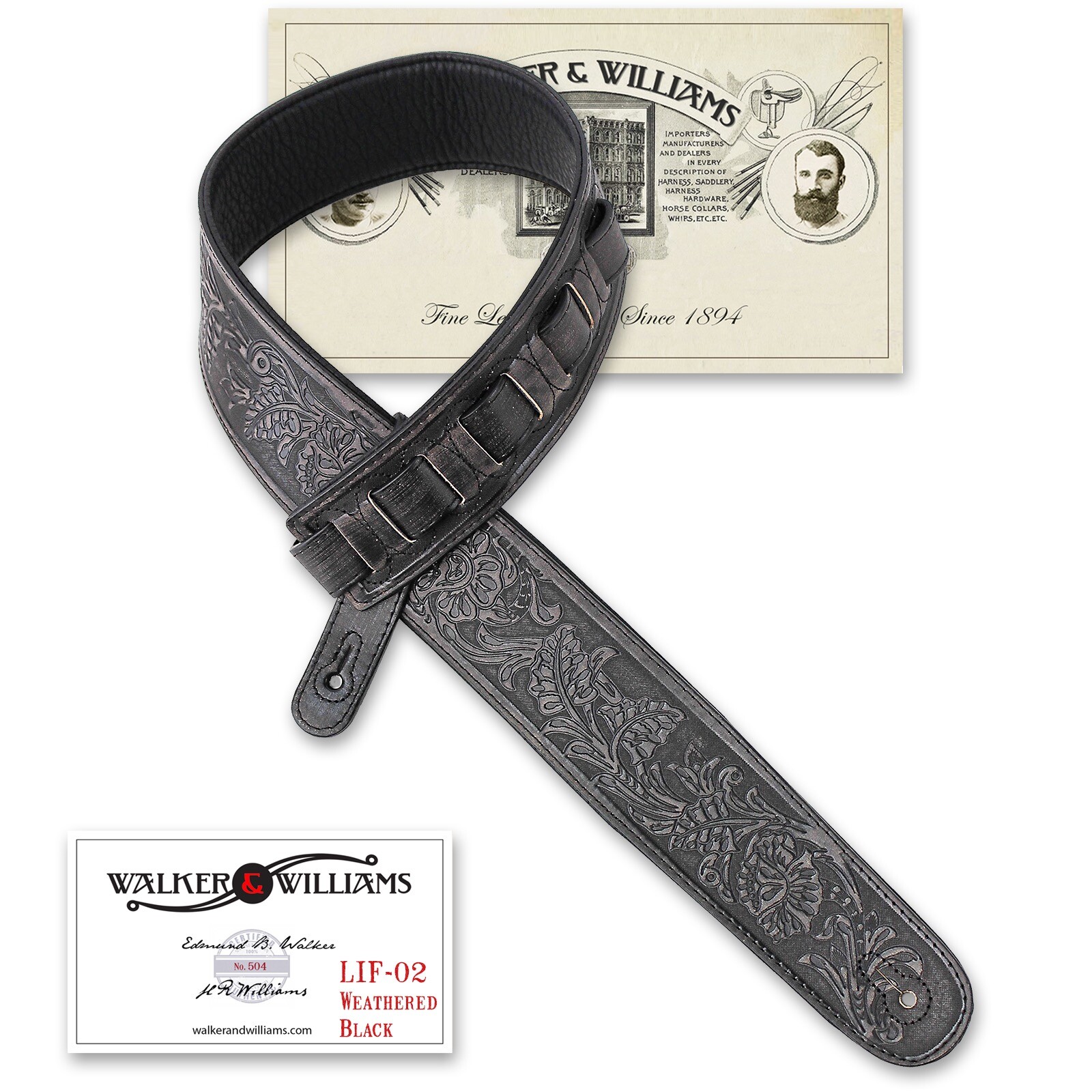Walker & Williams LIF-02 “Weathered” Black Leather Padded Strap with Tooling