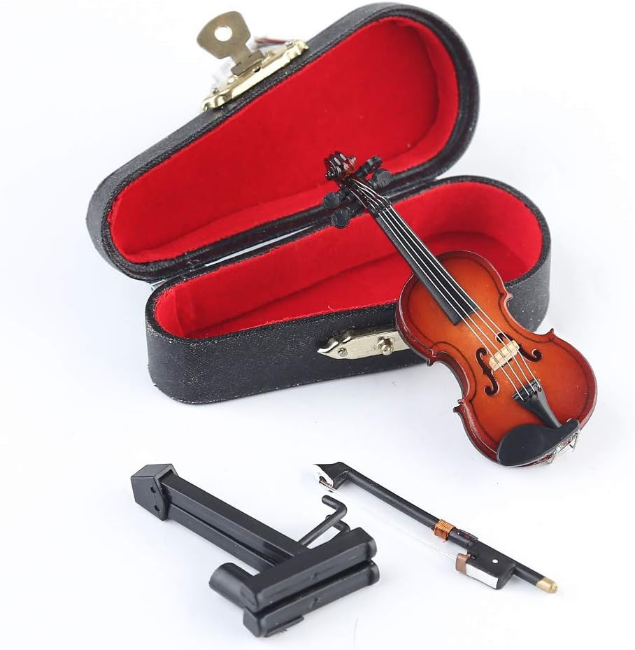 Wooden Miniature Violin with Stand, Bow and Case Mini Violin Musical Instrume…