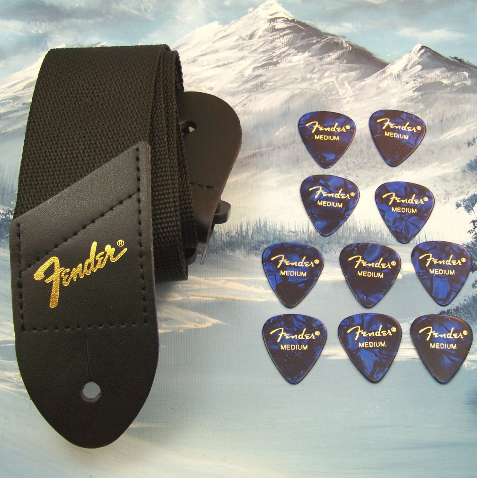 GUITAR STRAP ~ GENUINE FENDER ~ BLACK w/ GOLD LOGO + 10 MEDIUM BLUE 351 PICKS