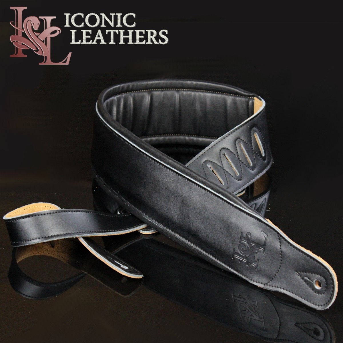 Iconic 3.25″ Extra Wide Dual Padded Leather Black Guitar Bass Strap IL-5Blk