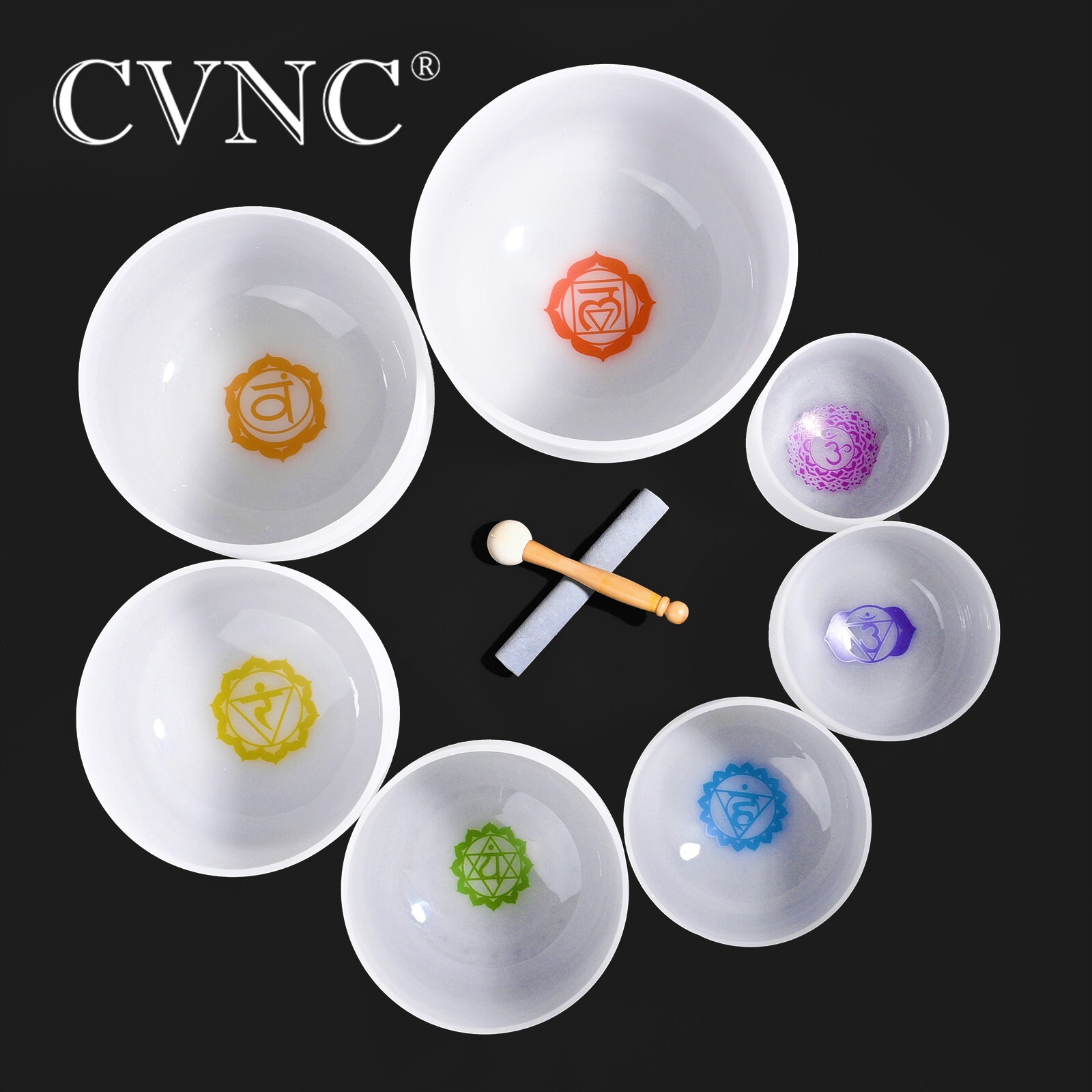 432Hz 6”-12” Set of 7pcs Chakra Design Frosted Crystal Singing Bowls with Case
