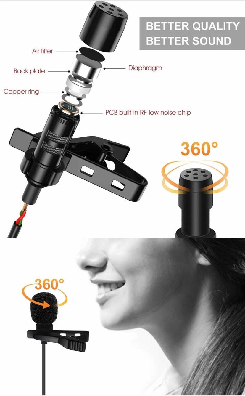 lavalier lapel Microphone Clip-on For DSLR, Phones, Interviews 6ft Aux Extension