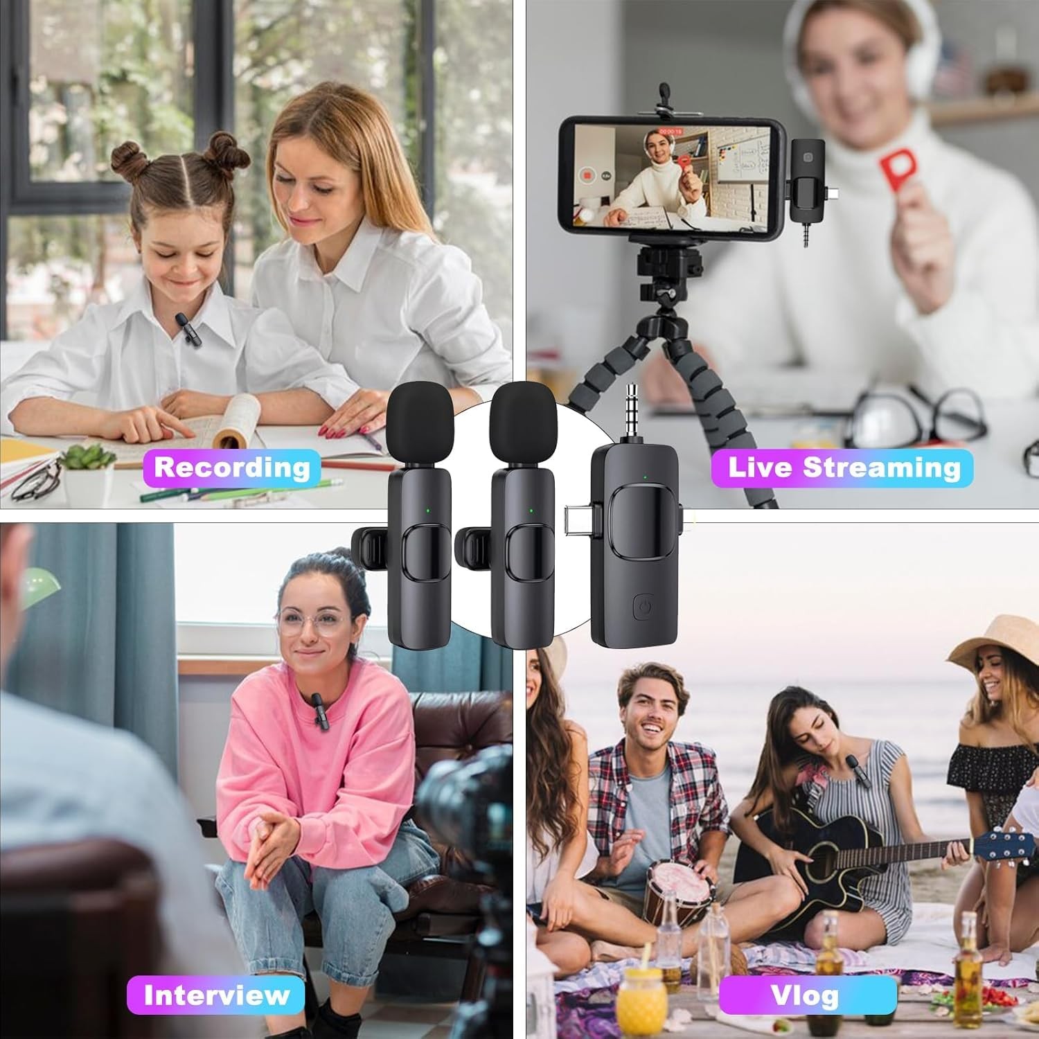 OUZIO 3 in 1 Wireless Lavalier Microphone for iPhone, Android, Camera, 12Hour…