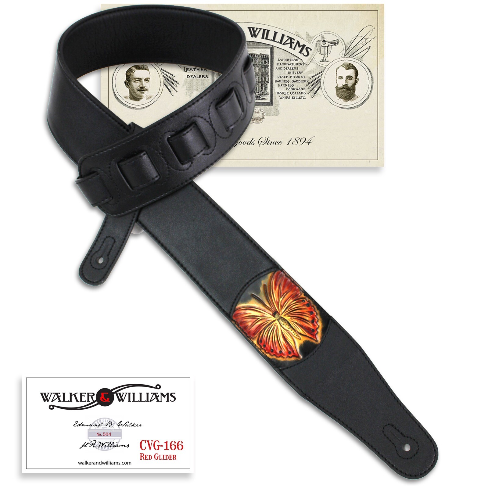Walker And Williams CVG-166 Scarlet Red And Gold Glider Butterfly On Black Strap