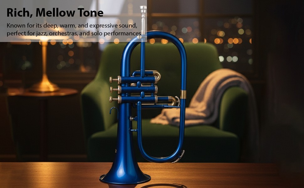 Flugel Horn BLUE Color Bb Flat 3 Valve With Hard Case Mouthpiece