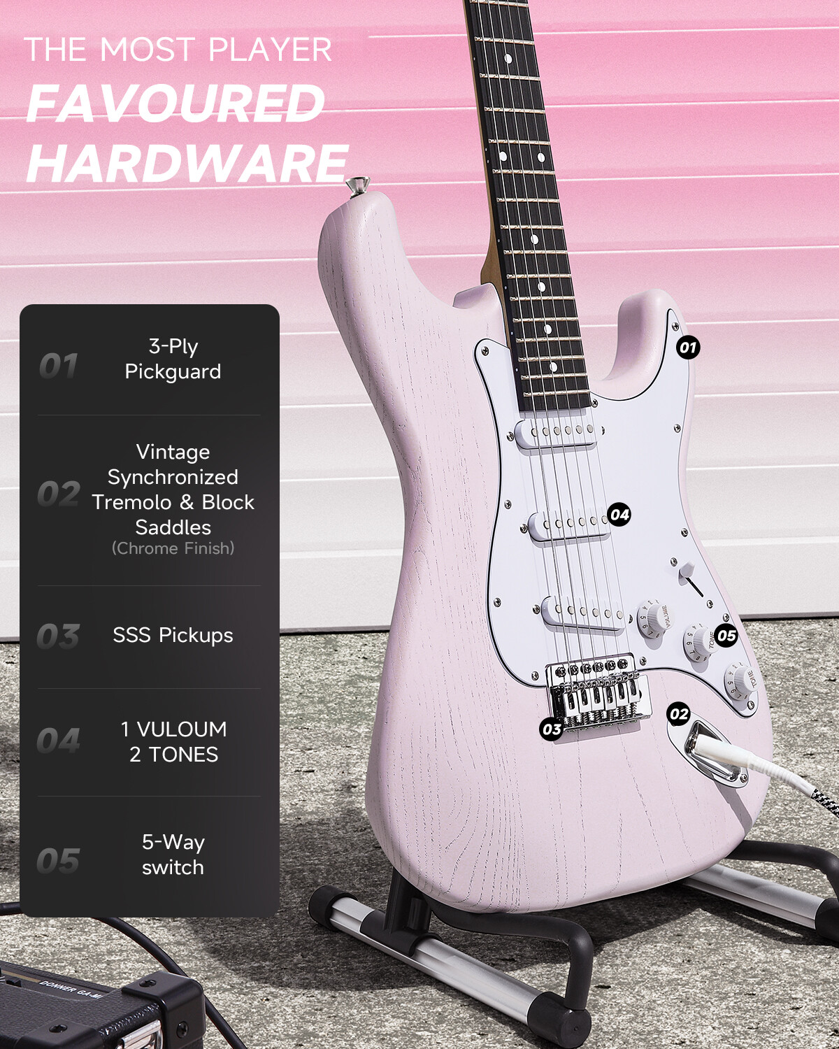 🎸 Donner DST-80 Electric Guitar With Amplifier & Accessories SSS Pickup | Pink