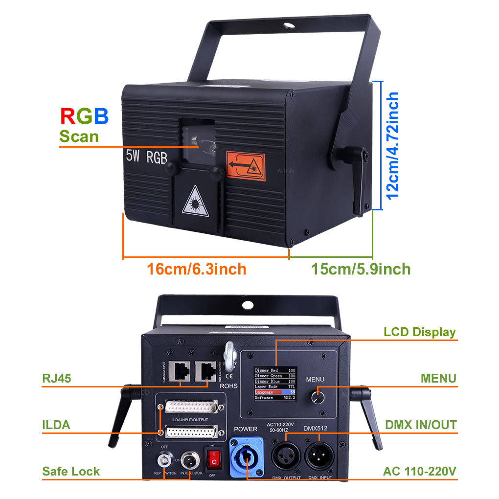 iOS Android Phone App 5W RGB iLDA DMX Animation DJ Stage Projector Laser Lights