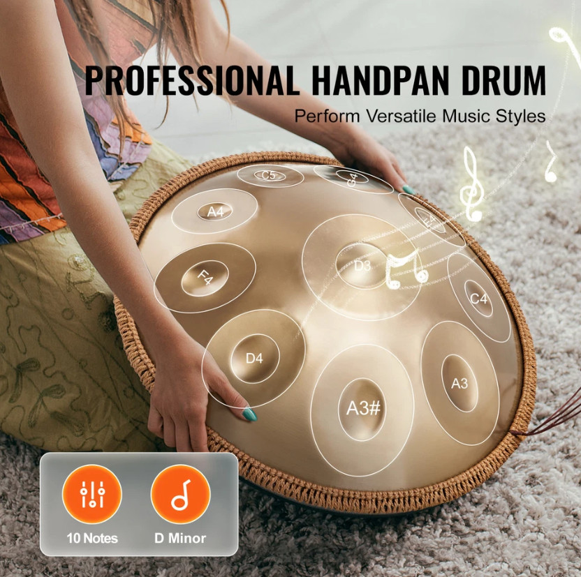Handpan Drum 22 in 10 Notes D Minor Hand Drum Instrument with Mallet