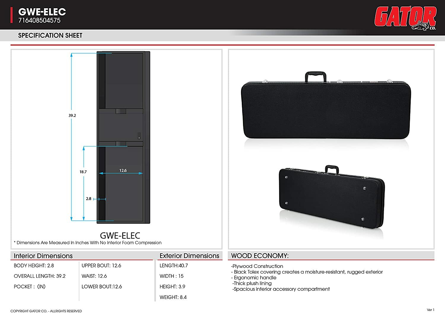 Gator Cases Hard-Shell Wood Case for Standard Electric Guitars, Strat and Tele
