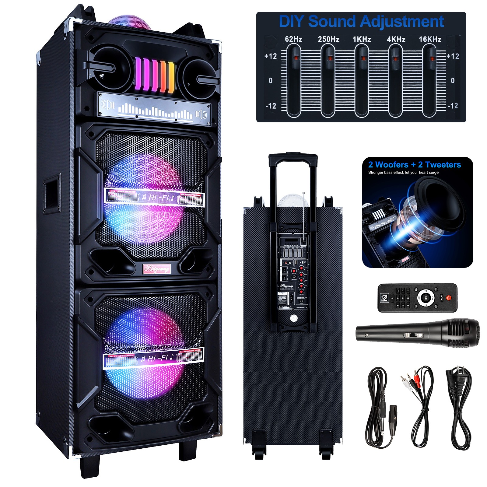 4500W Bluetooth Speaker Dual 10″ Woofer Party FM Karaok DJ LED AUX Rechargable