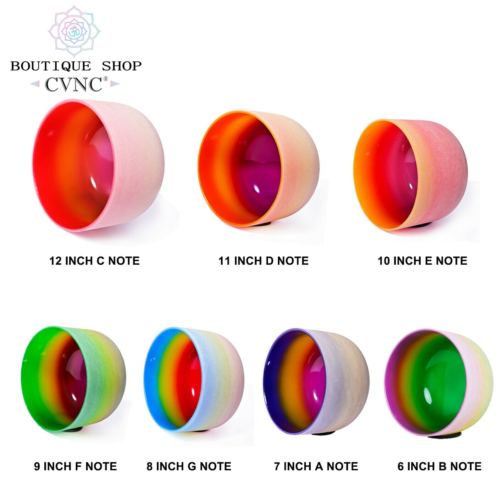 CVNC 432Hz 6-12″ 7 pcs Rainbow Color Quartz Crystal Singing Bowl Chakra Set Bag