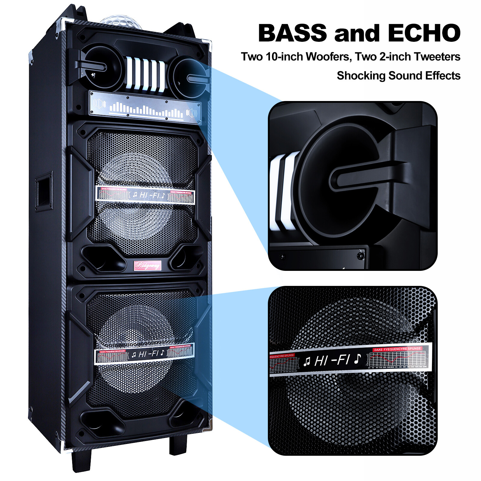 4500W Bluetooth Speaker Dual 10″ Woofer Party FM Karaok DJ LED AUX Rechargable