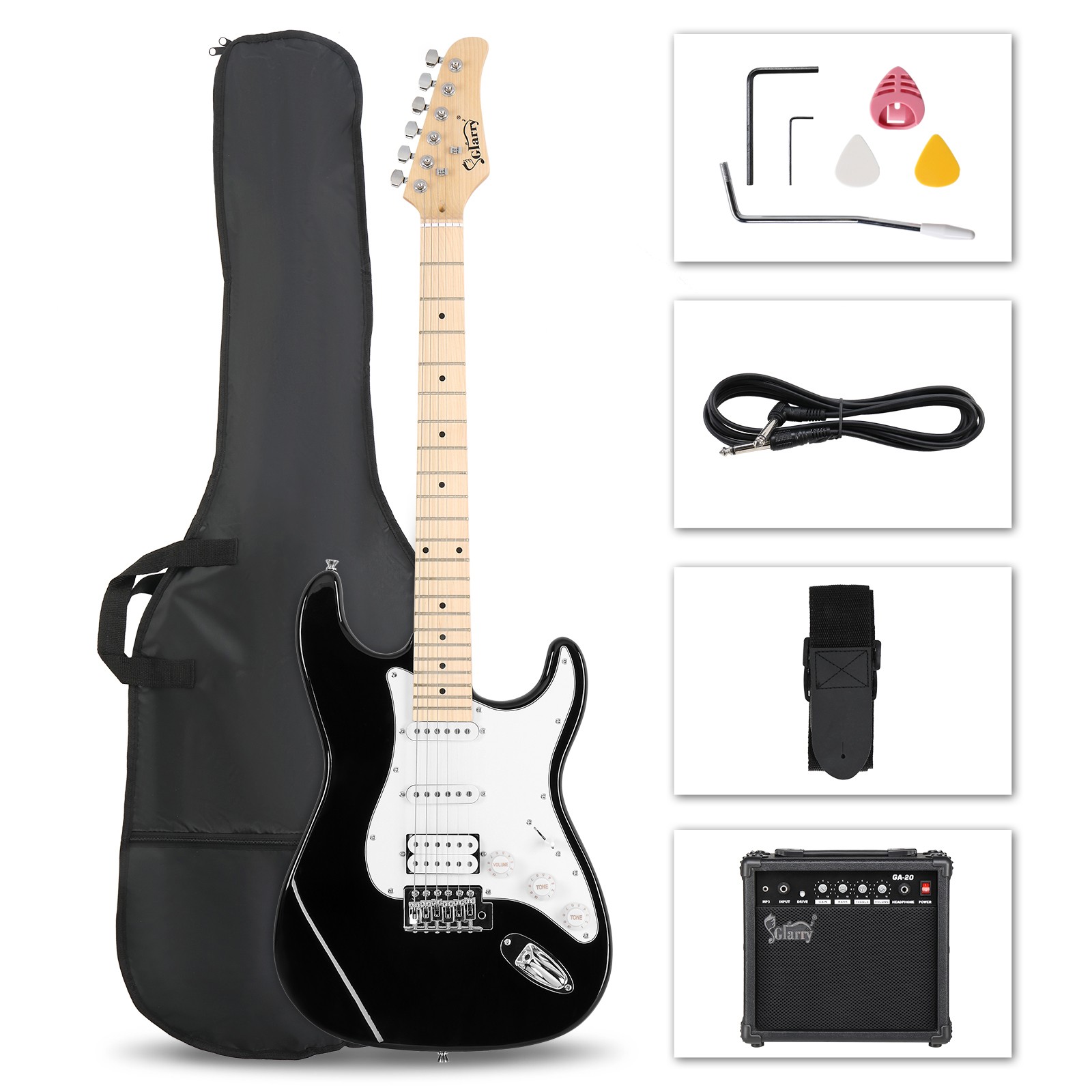 Glarry Full Size 39″ GST Electric Guitar with Amp,Case,Accessories Pack Black