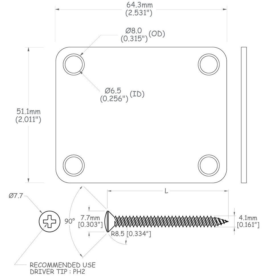 Chrome Guitar Neck Plate with 3/4″ mounting screws US Size